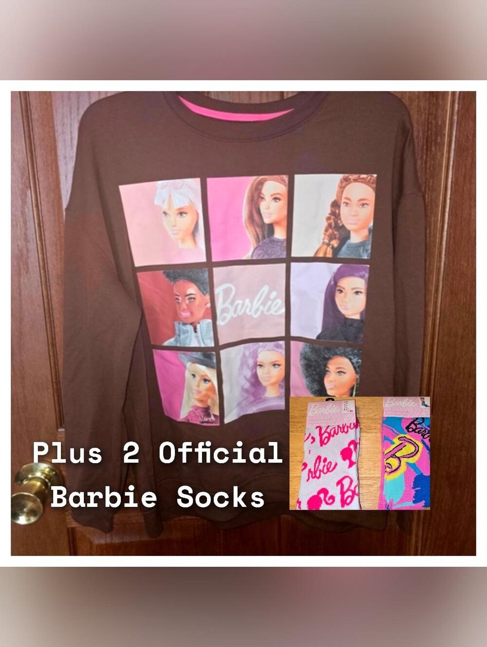 Barbie Womens Dark Brown Crewneck Sweatshirt EUC with 2 NWT socks- Size Med
